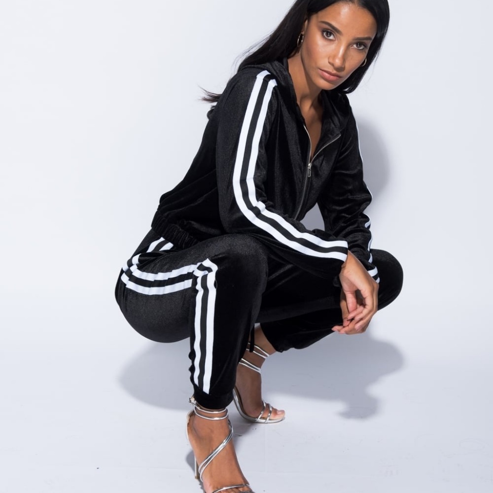BLOGGER STYLE Velvet Side Stripe Hooded Tracksuit - Picture 6 of 7